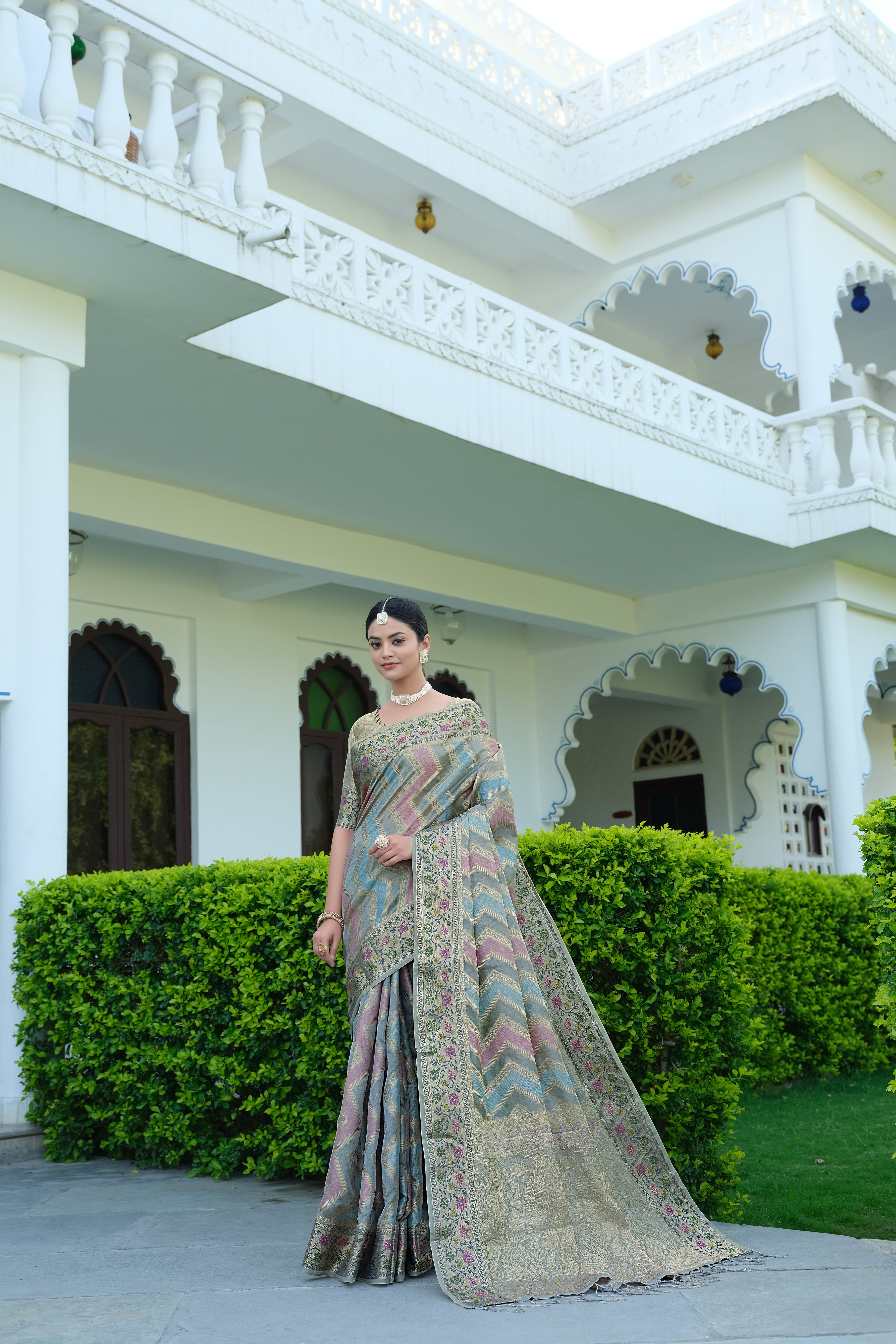 Grey Organza Leheriya Saree