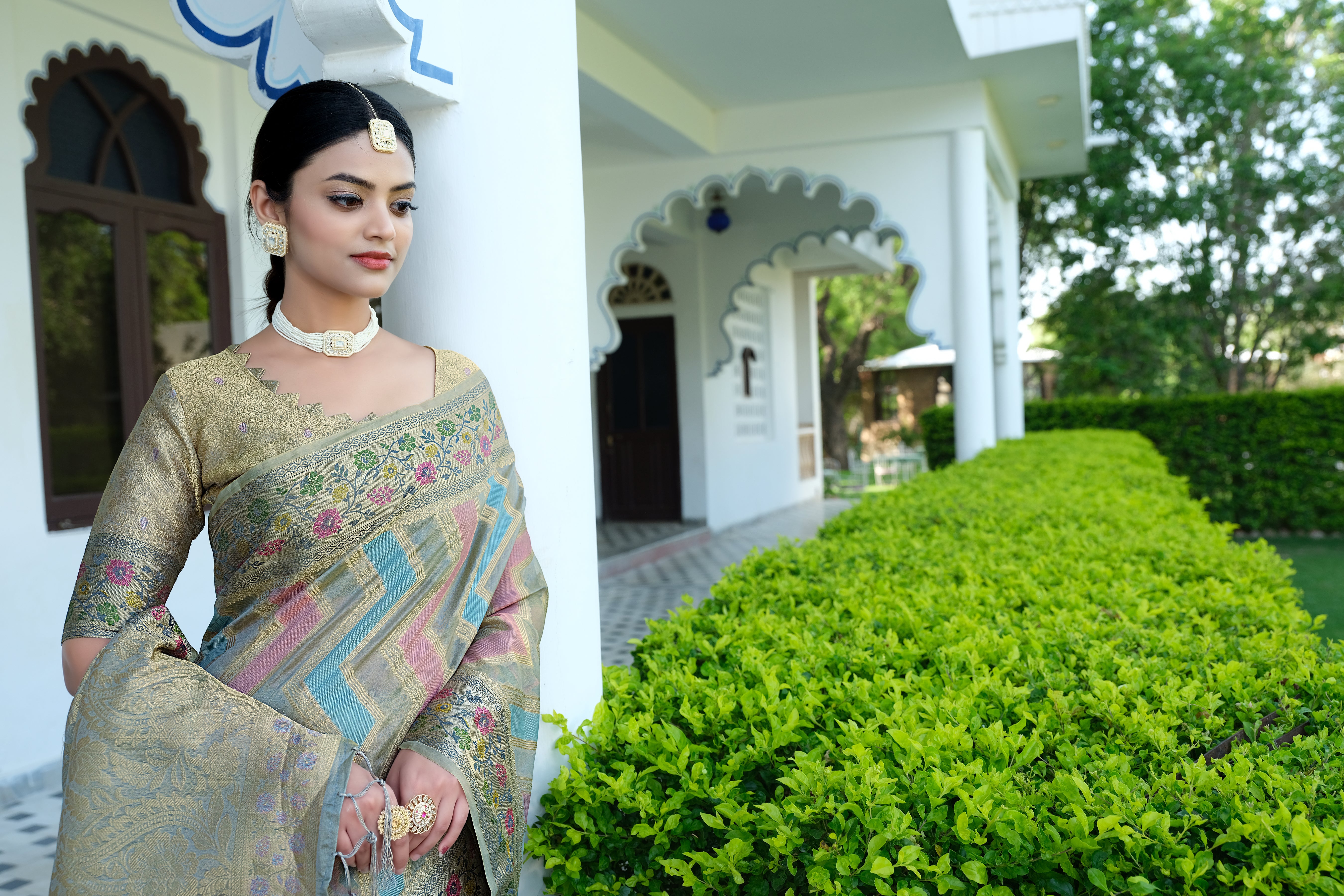 Grey Organza Leheriya Saree