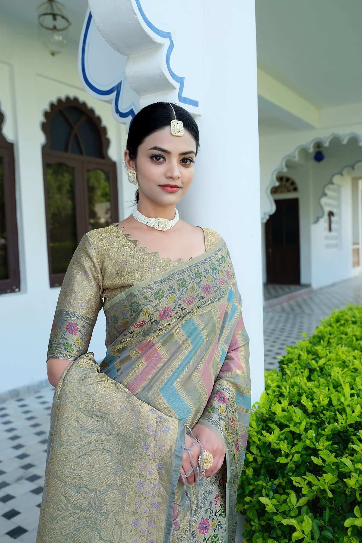 Grey Organza Leheriya Saree