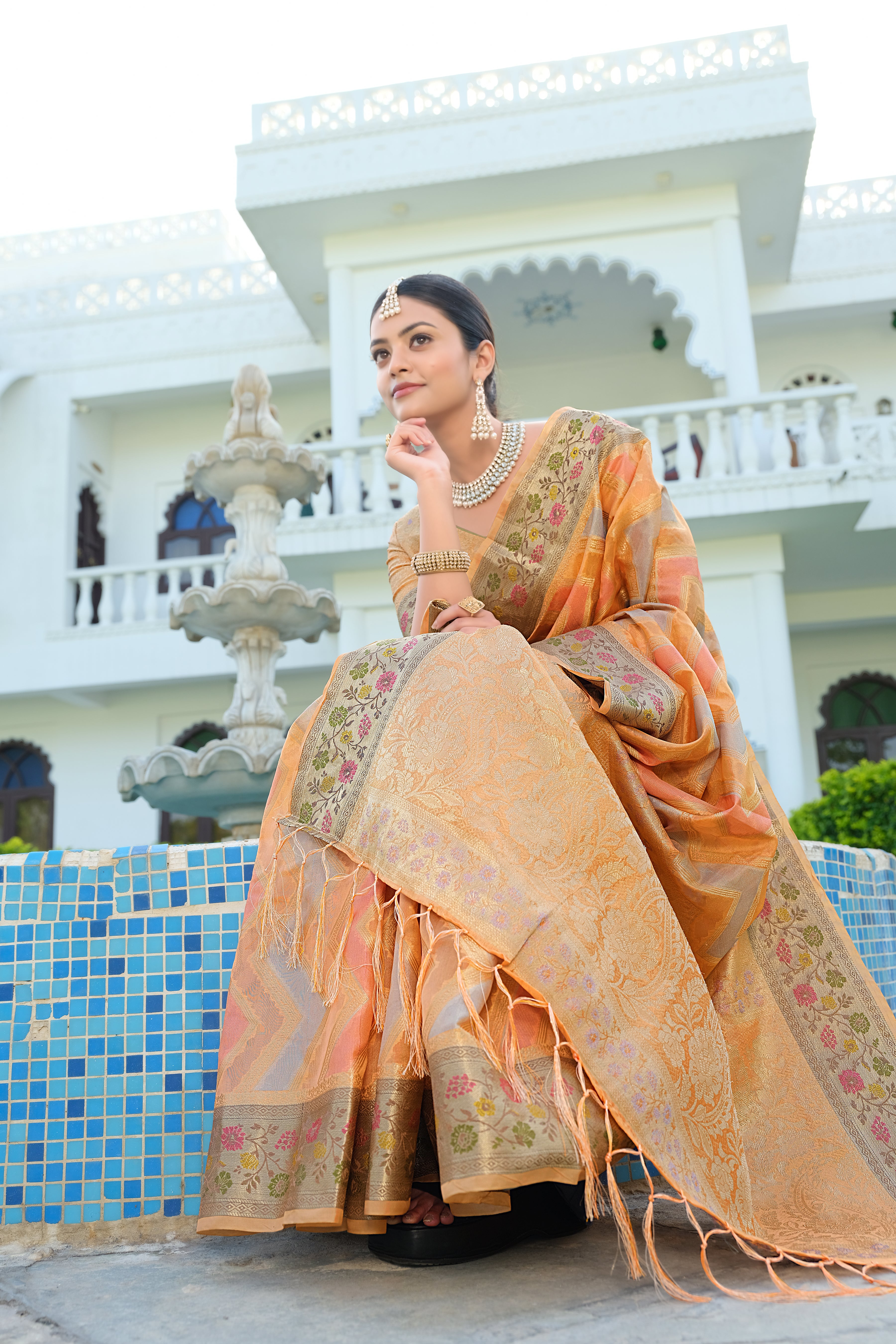 Orange Organza Leheriya Saree