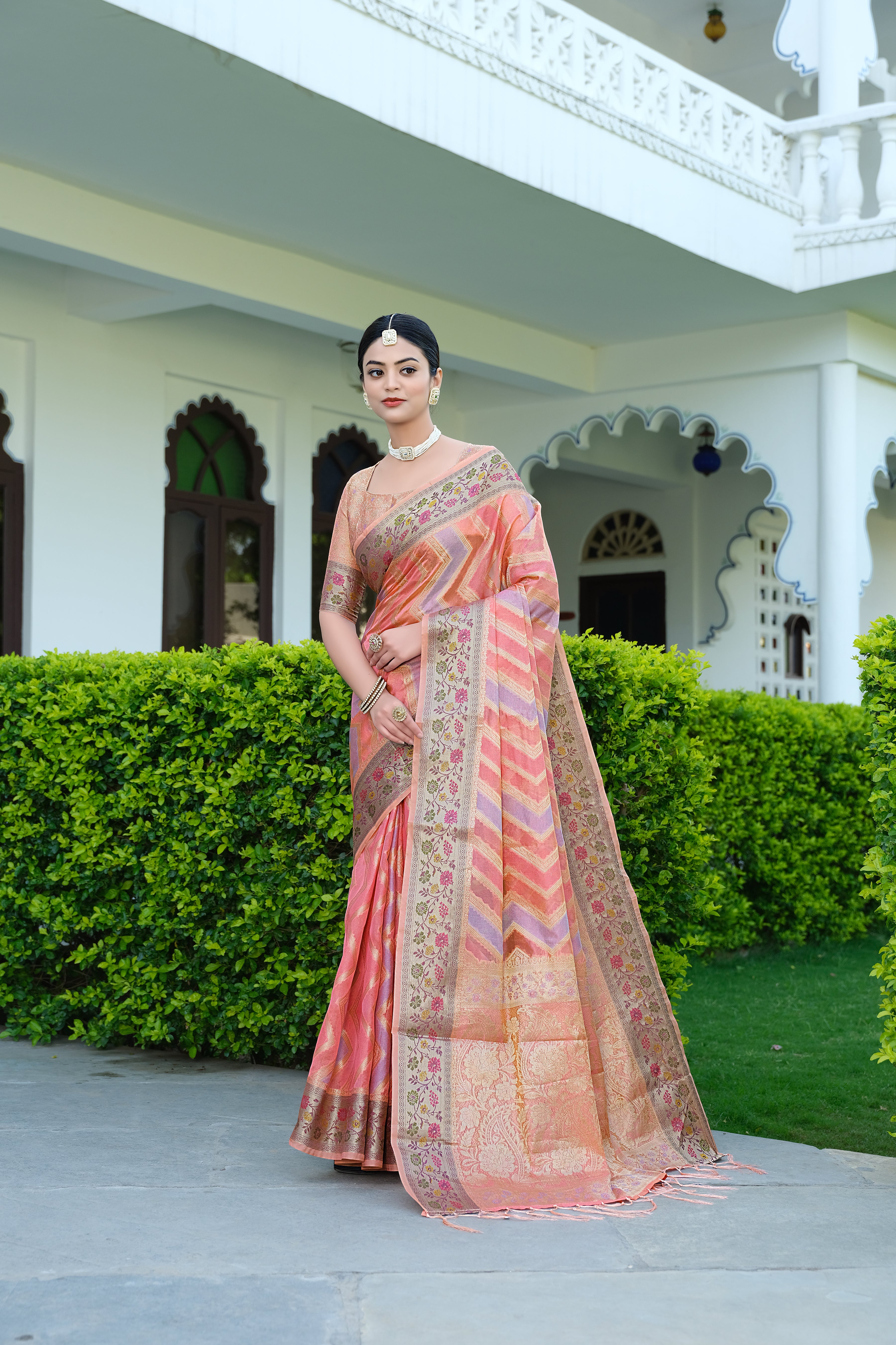 Pink Organza Leheriya Saree