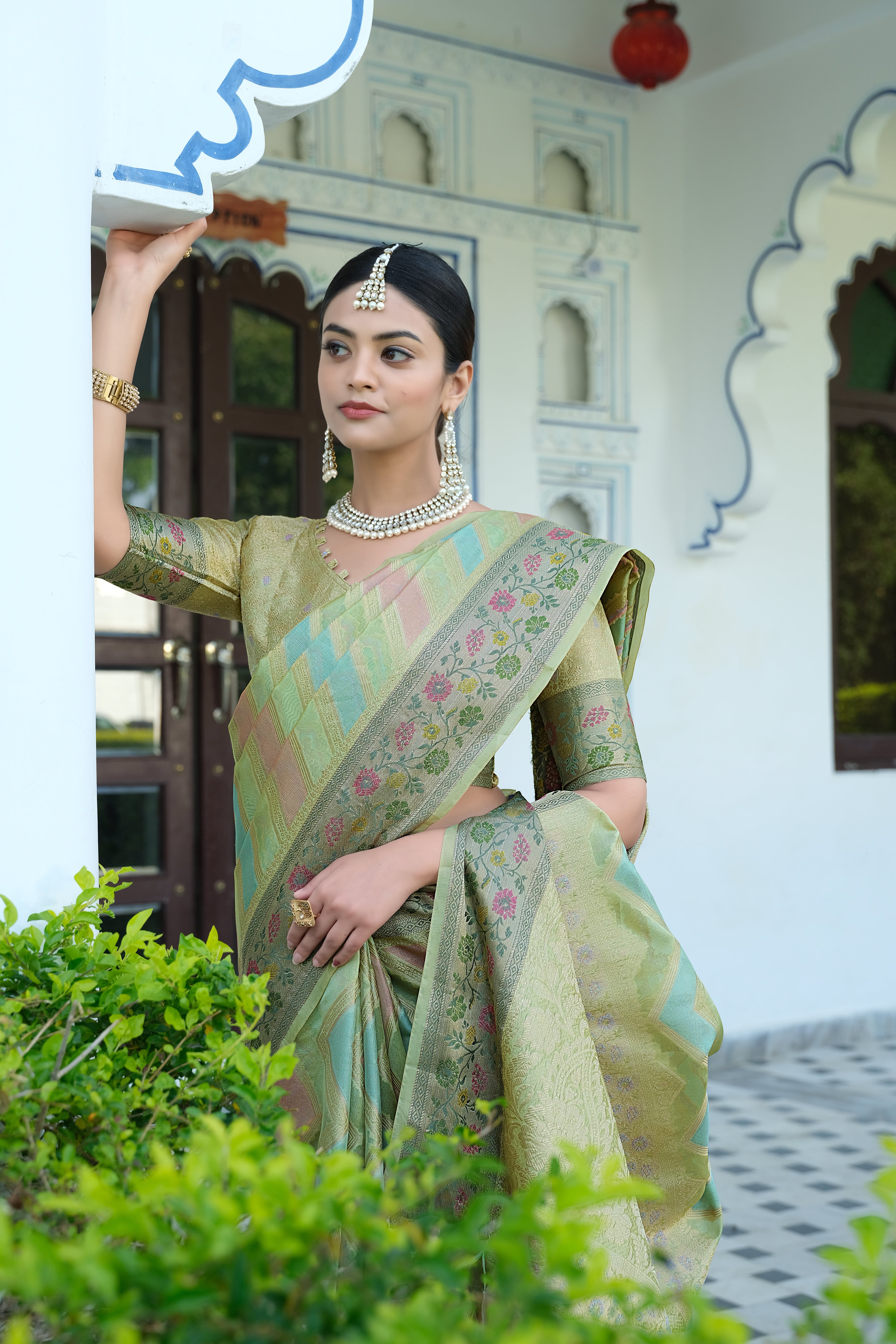 Pista Organza Leheriya Saree