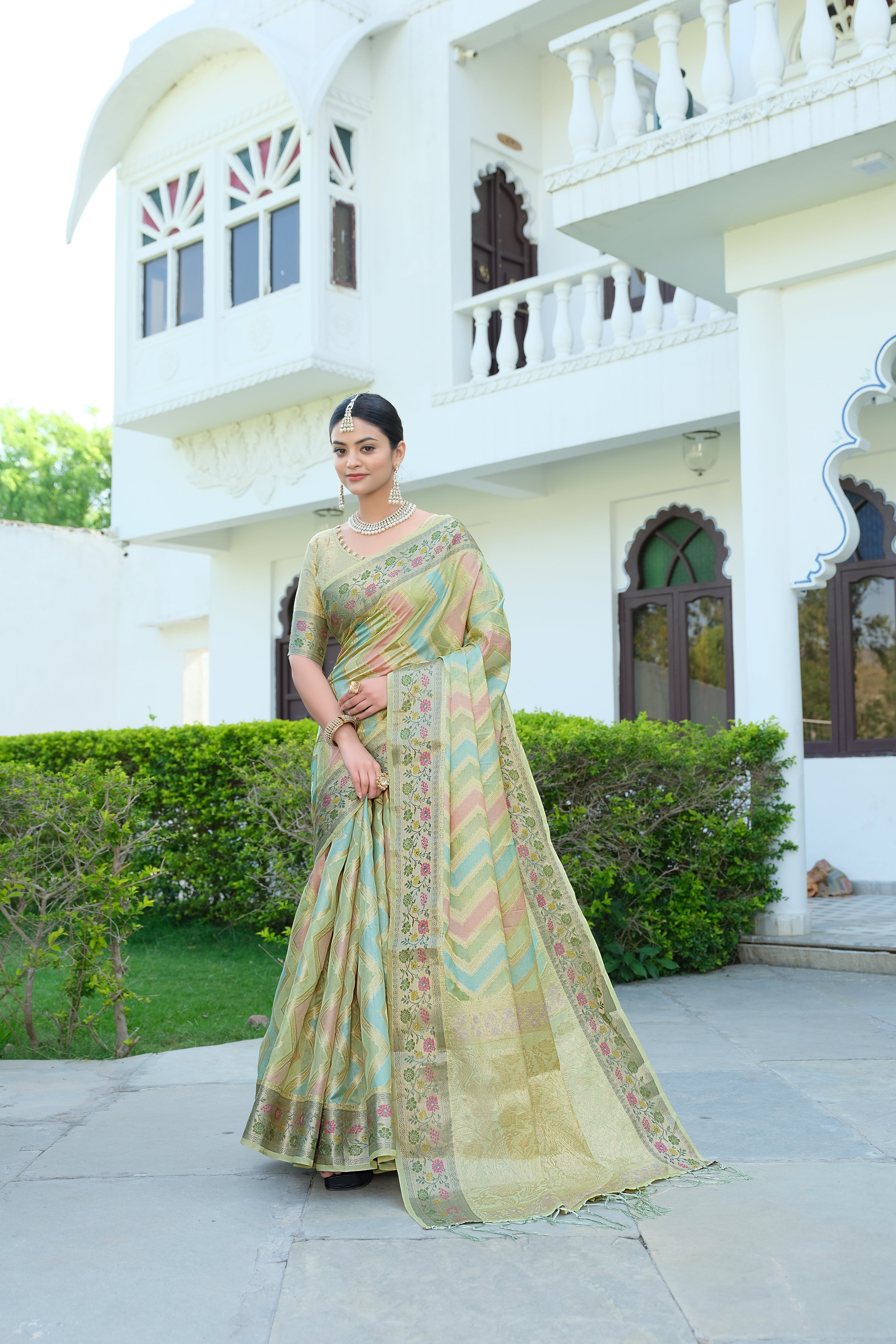 Pista Organza Leheriya Saree