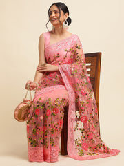 Baby Pink Net Floral Embroidery Work Saree