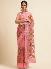 Baby Pink Net Floral Embroidery Work Saree