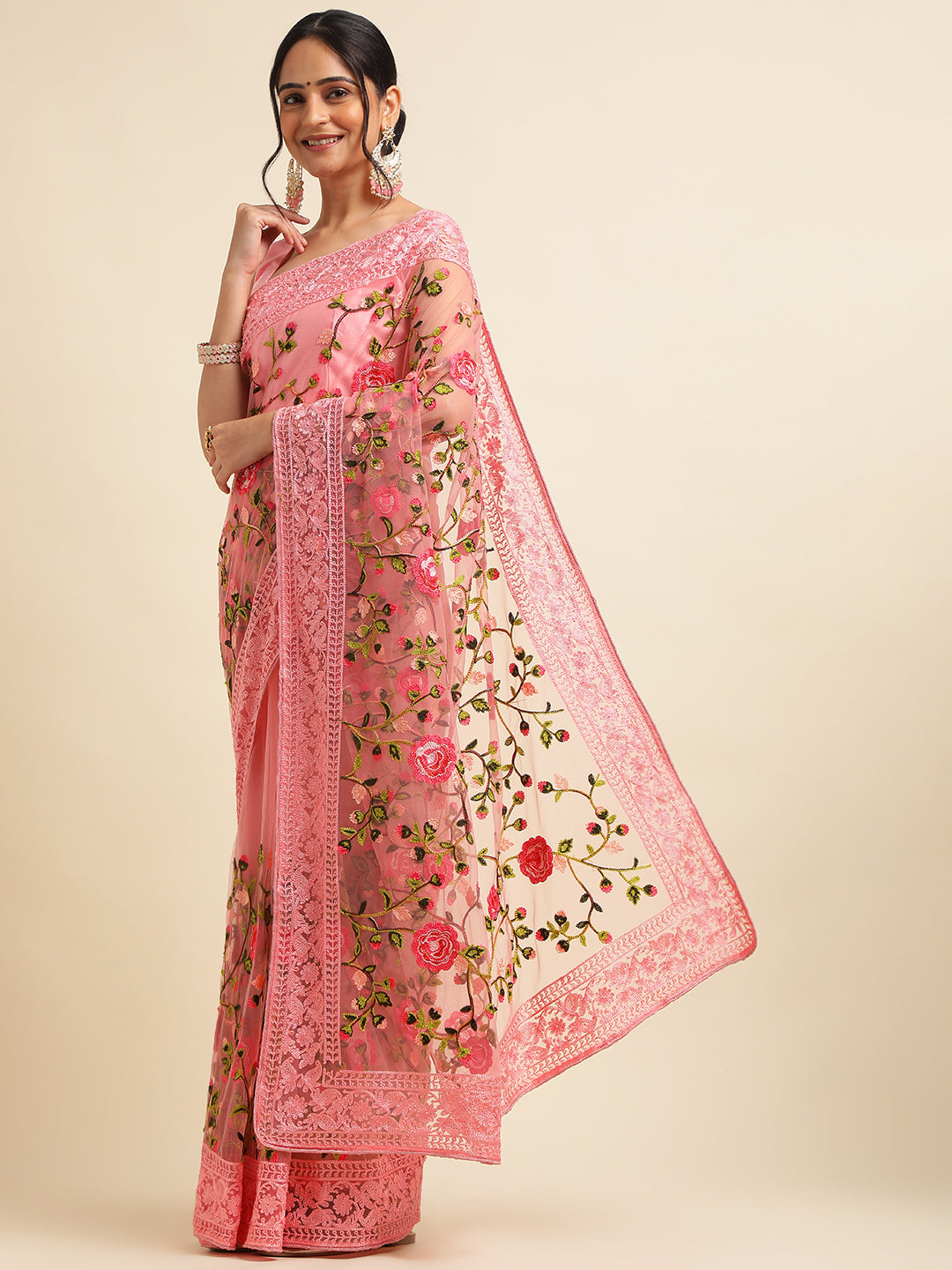 Baby Pink Net Floral Embroidery Work Saree