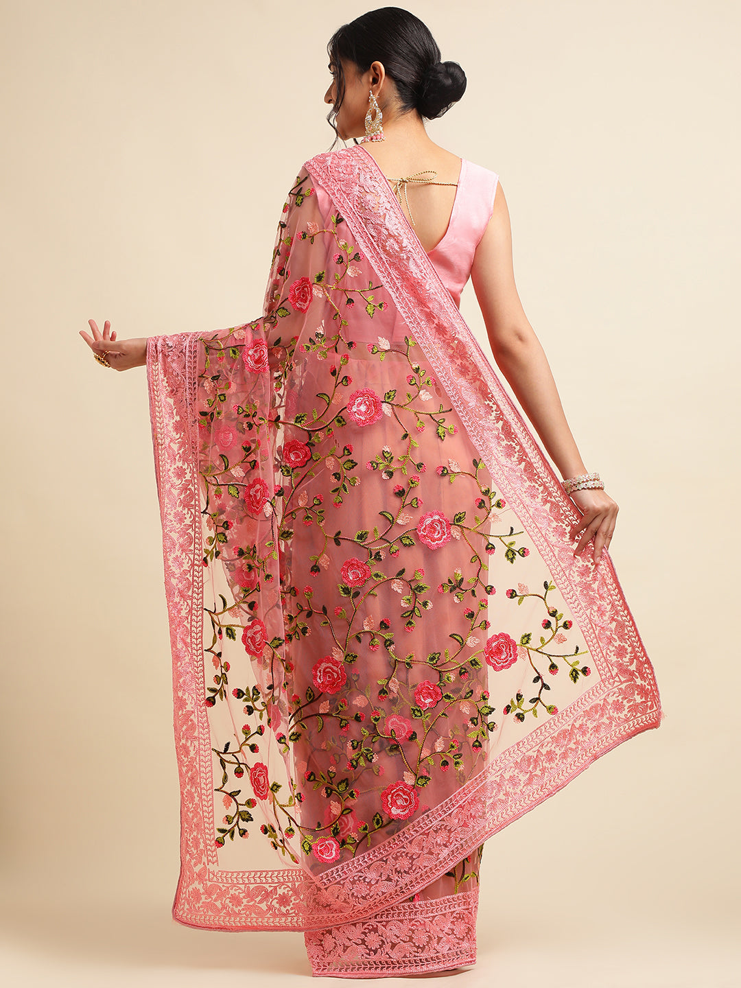 Baby Pink Net Floral Embroidery Work Saree