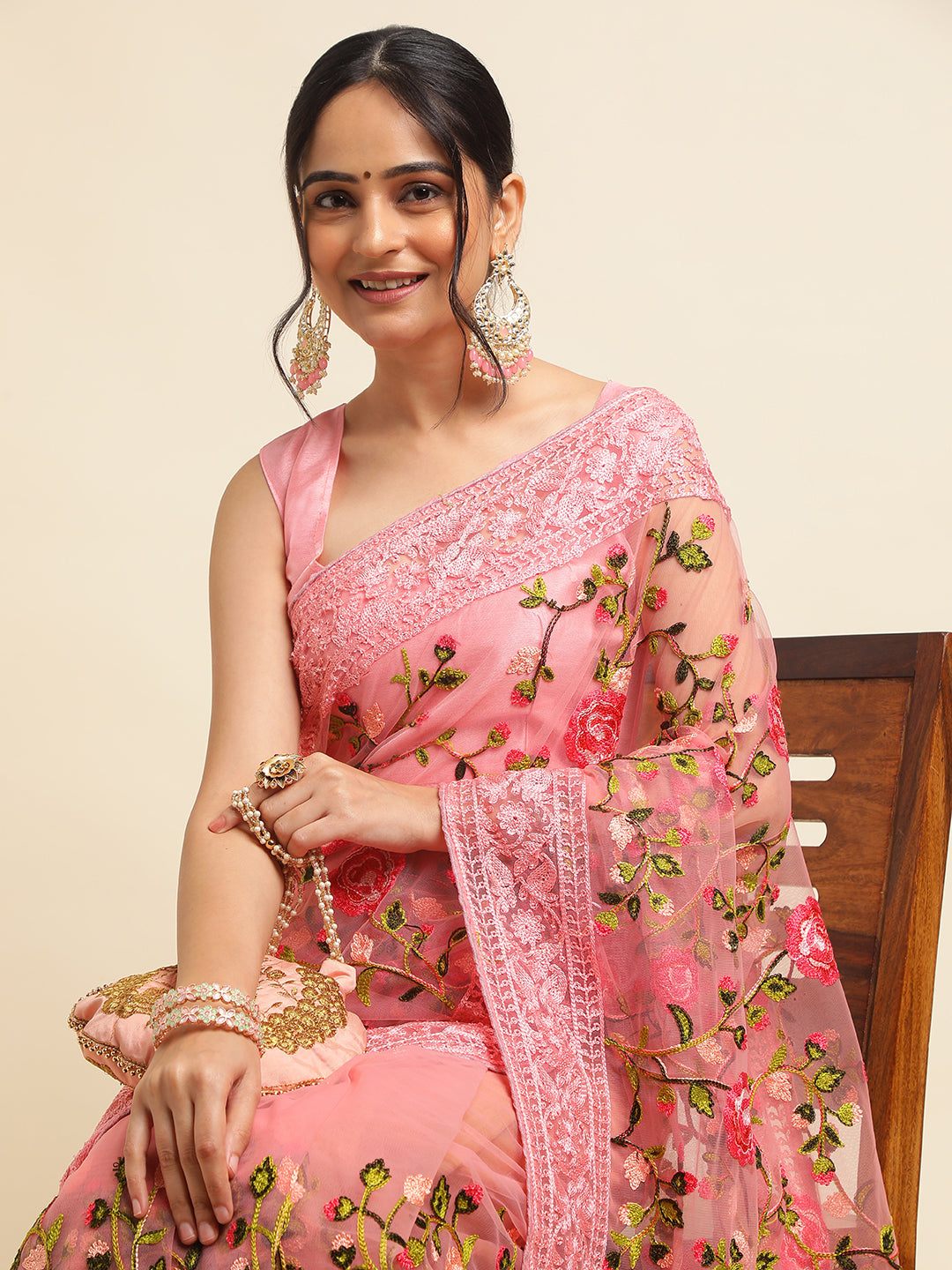 Baby Pink Net Floral Embroidery Work Saree