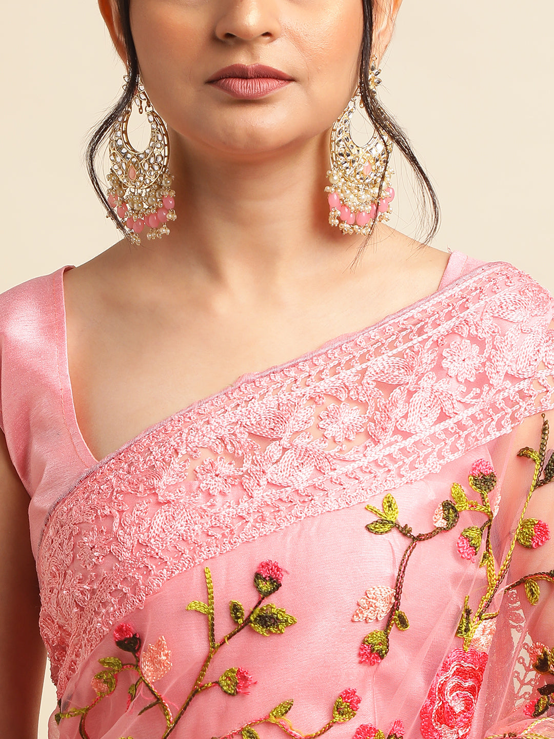 Baby Pink Net Floral Embroidery Work Saree