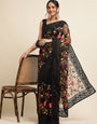 Black Net Floral Embroidery Work Saree