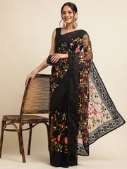 Black Net Floral Embroidery Work Saree