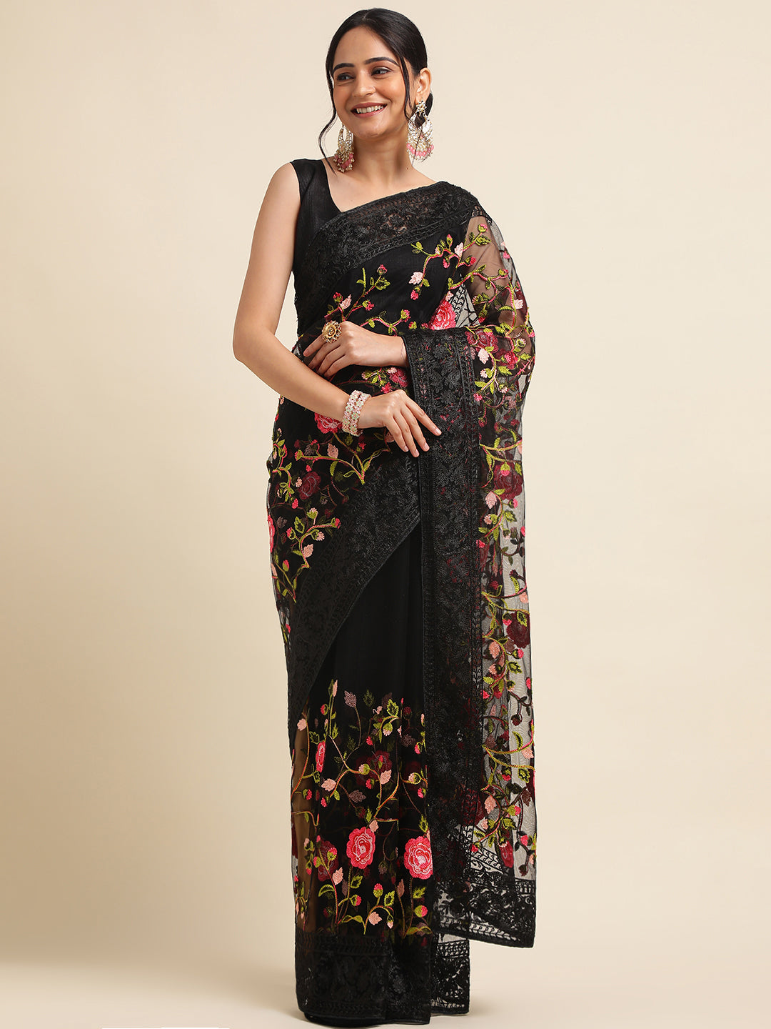 Black Net Floral Embroidery Work Saree