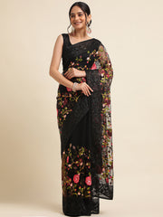 Black Net Floral Embroidery Work Saree