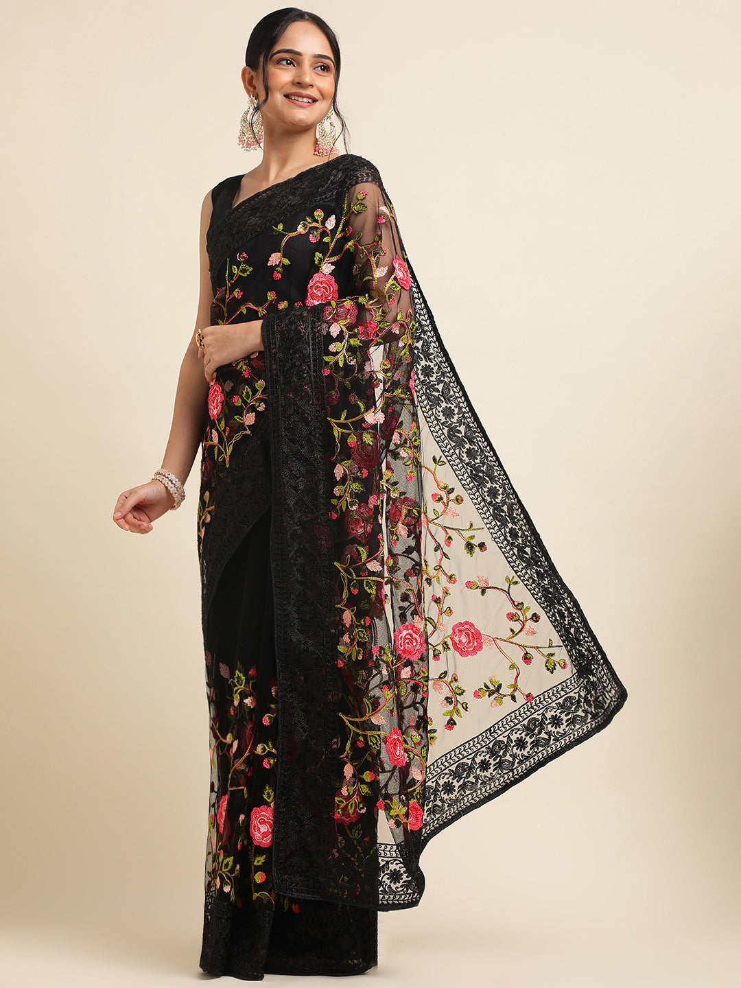 Black Net Floral Embroidery Work Saree