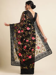 Black Net Floral Embroidery Work Saree