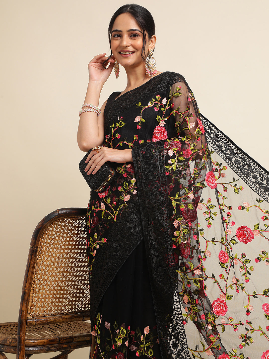 Black Net Floral Embroidery Work Saree