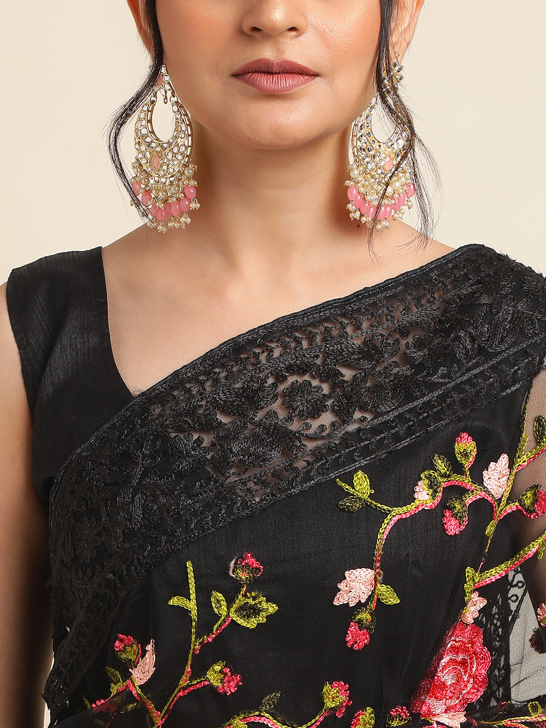 Black Net Floral Embroidery Work Saree