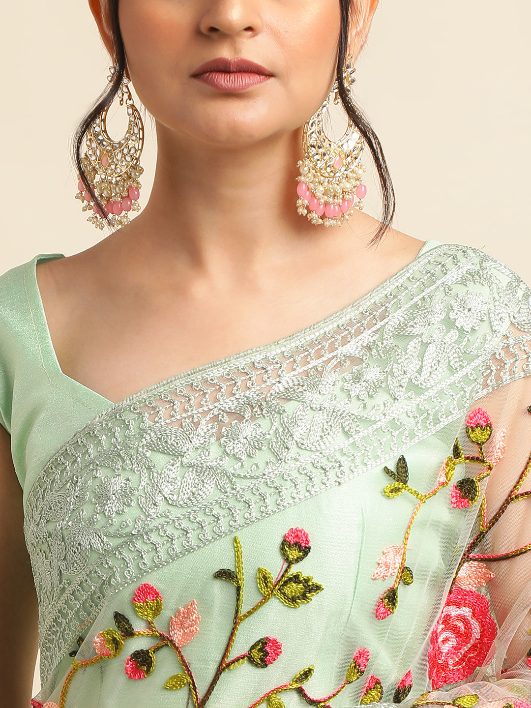 Pista Green Net Floral Embroidery Work Saree