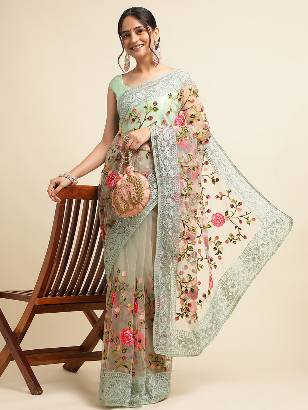 Pista Green Net Floral Embroidery Work Saree