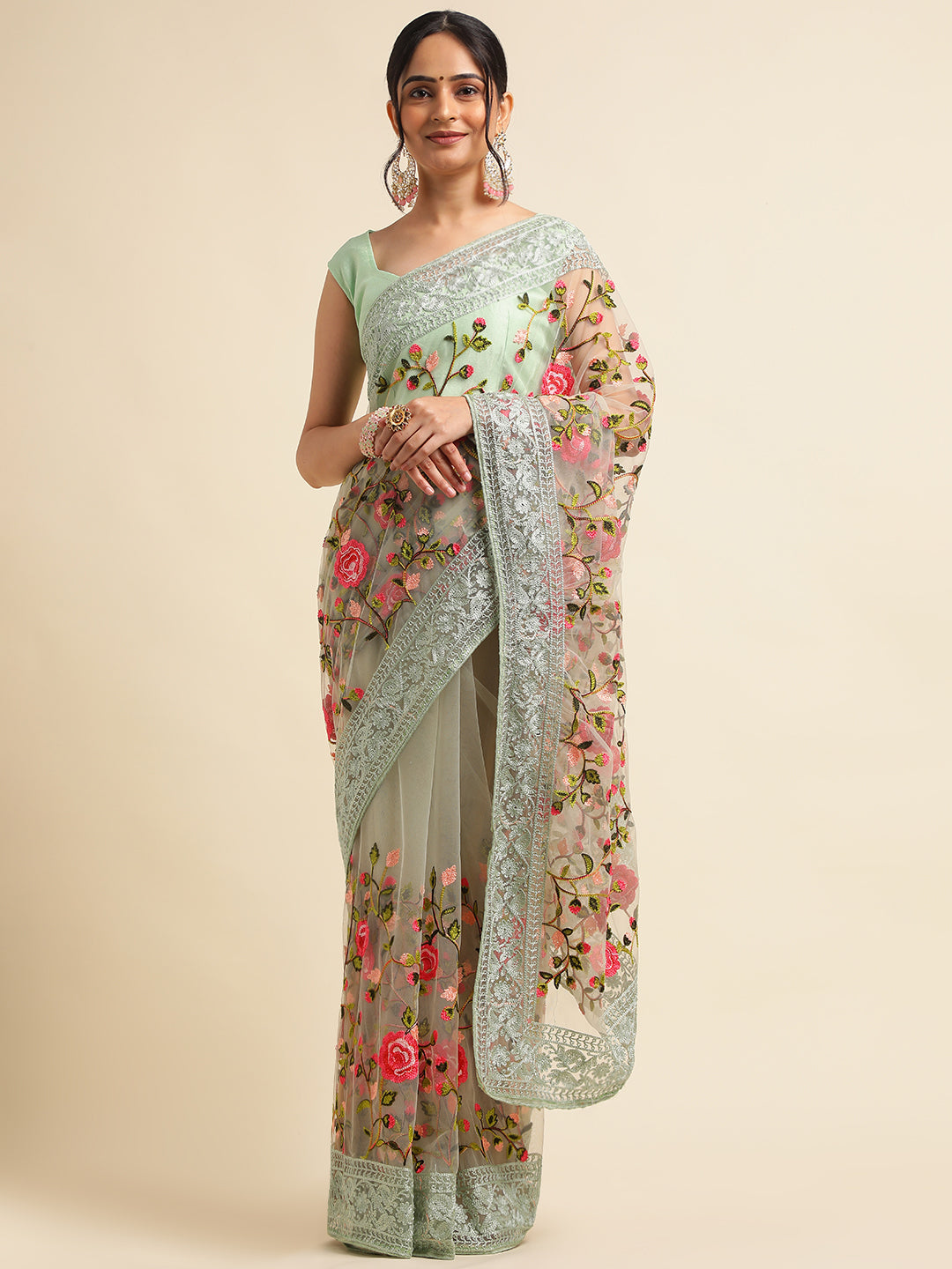 Pista Green Net Floral Embroidery Work Saree