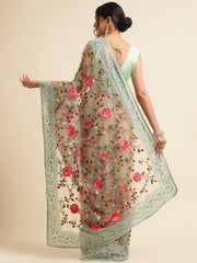 Pista Green Net Floral Embroidery Work Saree