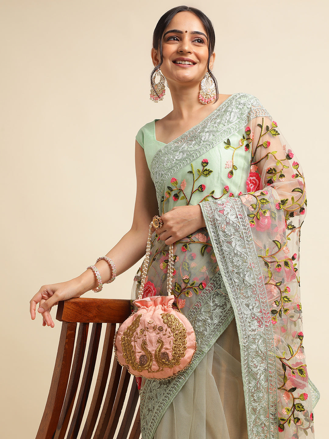 Pista Green Net Floral Embroidery Work Saree