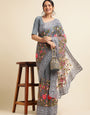 Grey Net Floral Embroidery Work Saree