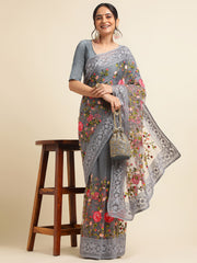 Grey Net Floral Embroidery Work Saree