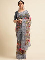 Grey Net Floral Embroidery Work Saree