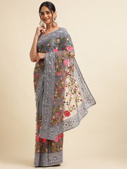 Grey Net Floral Embroidery Work Saree