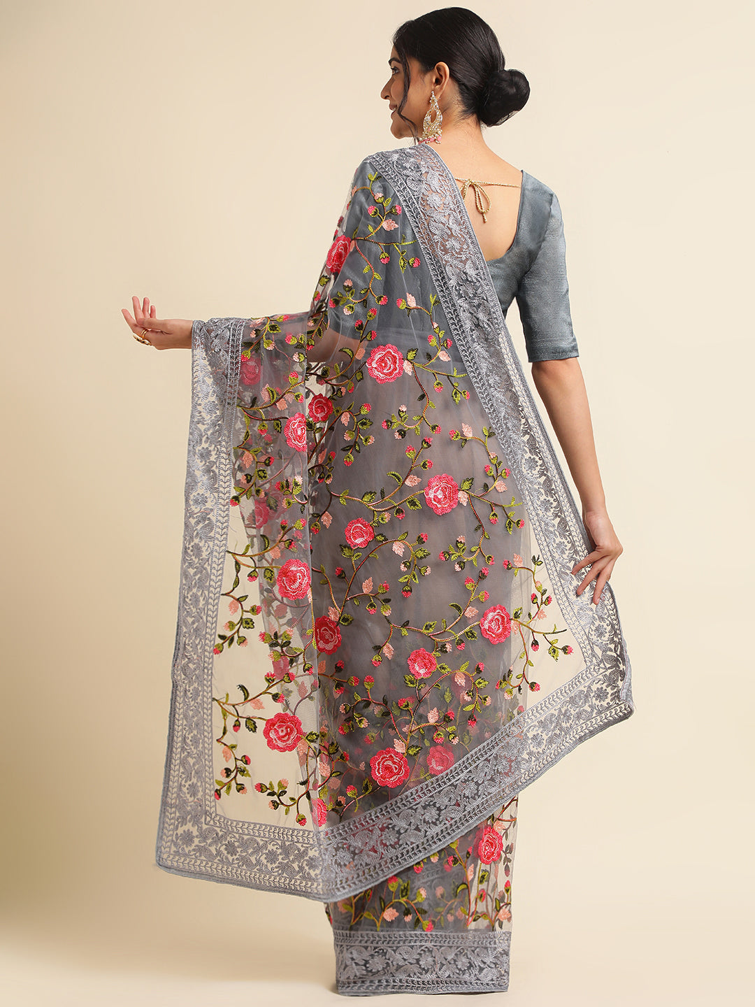 Grey Net Floral Embroidery Work Saree