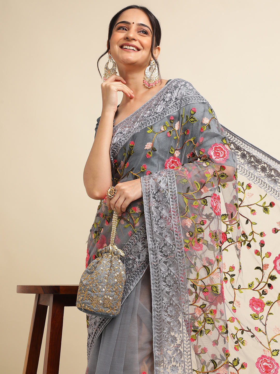 Grey Net Floral Embroidery Work Saree