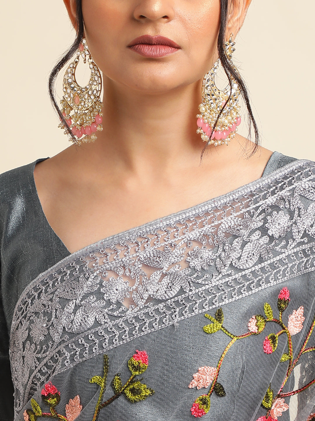 Grey Net Floral Embroidery Work Saree