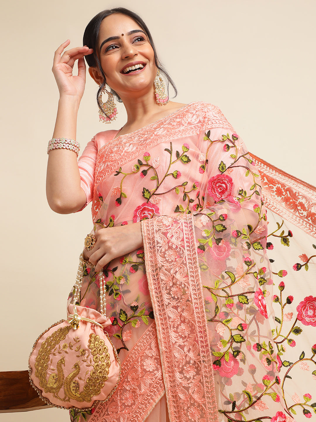 Orange Net Floral Embroidery Work Saree