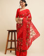 Red Net Floral Embroidery Work Saree