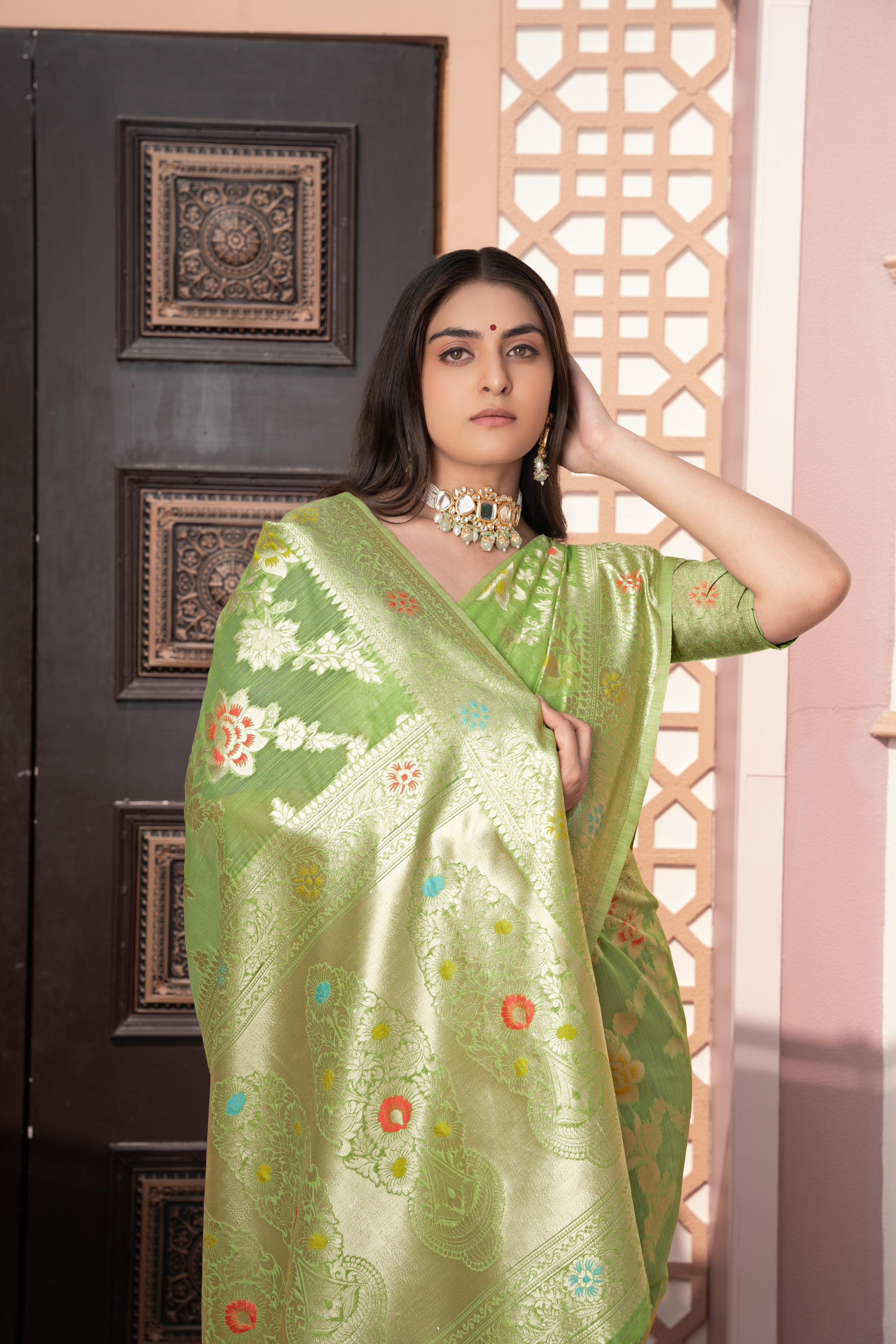 Green Banarasi Cotton Silk Zari Woven Saree