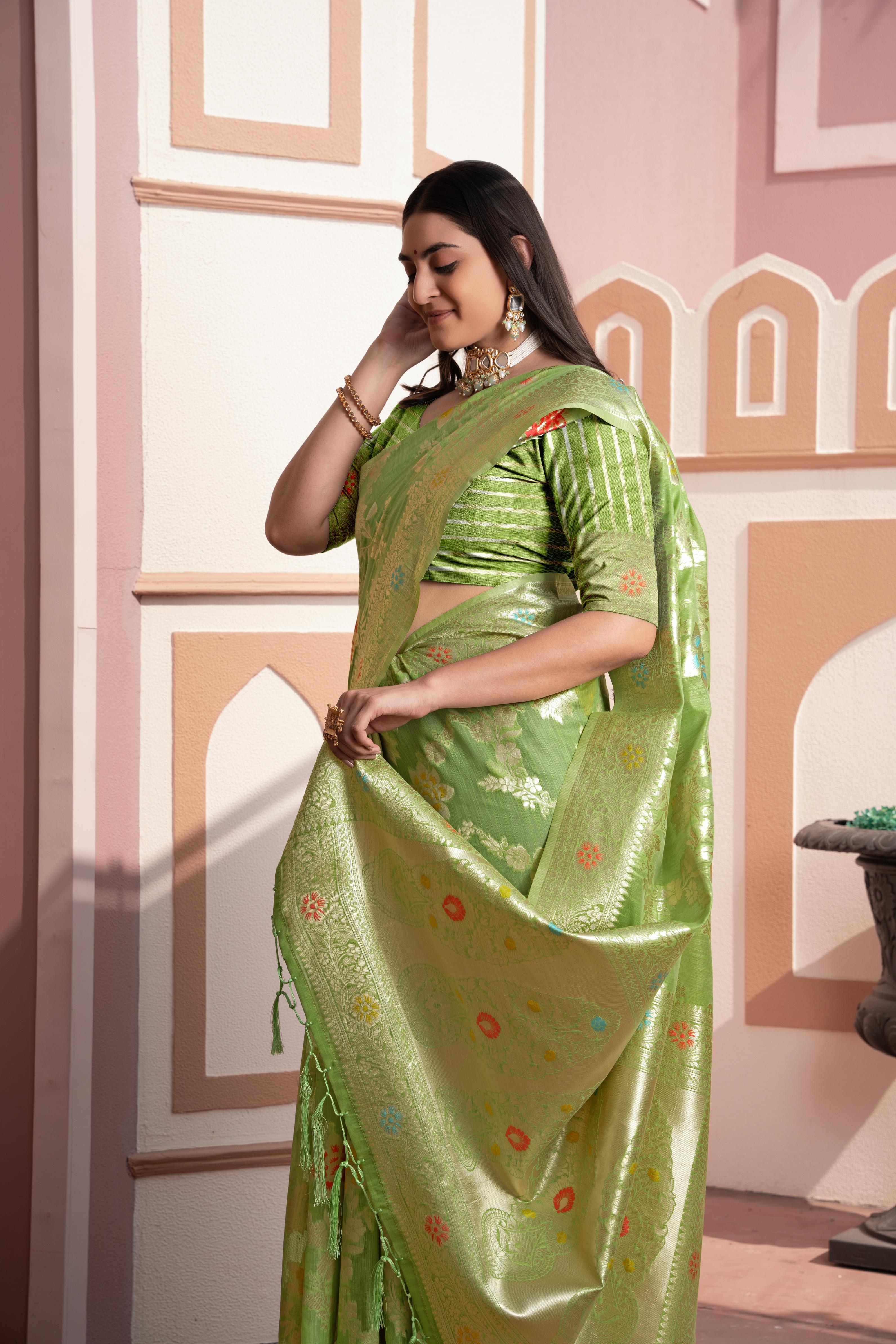 Green Banarasi Cotton Silk Zari Woven Saree