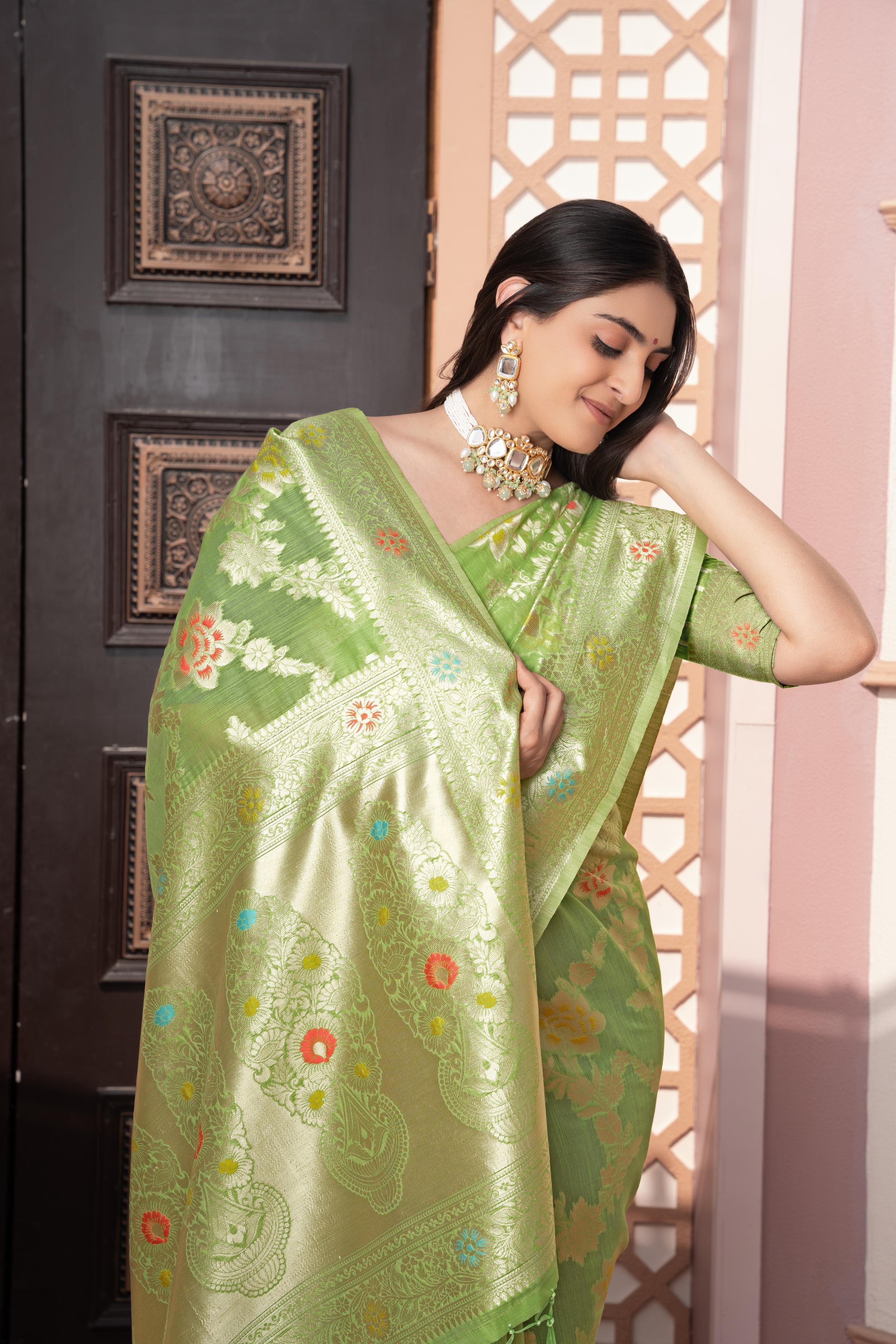 Green Banarasi Cotton Silk Zari Woven Saree