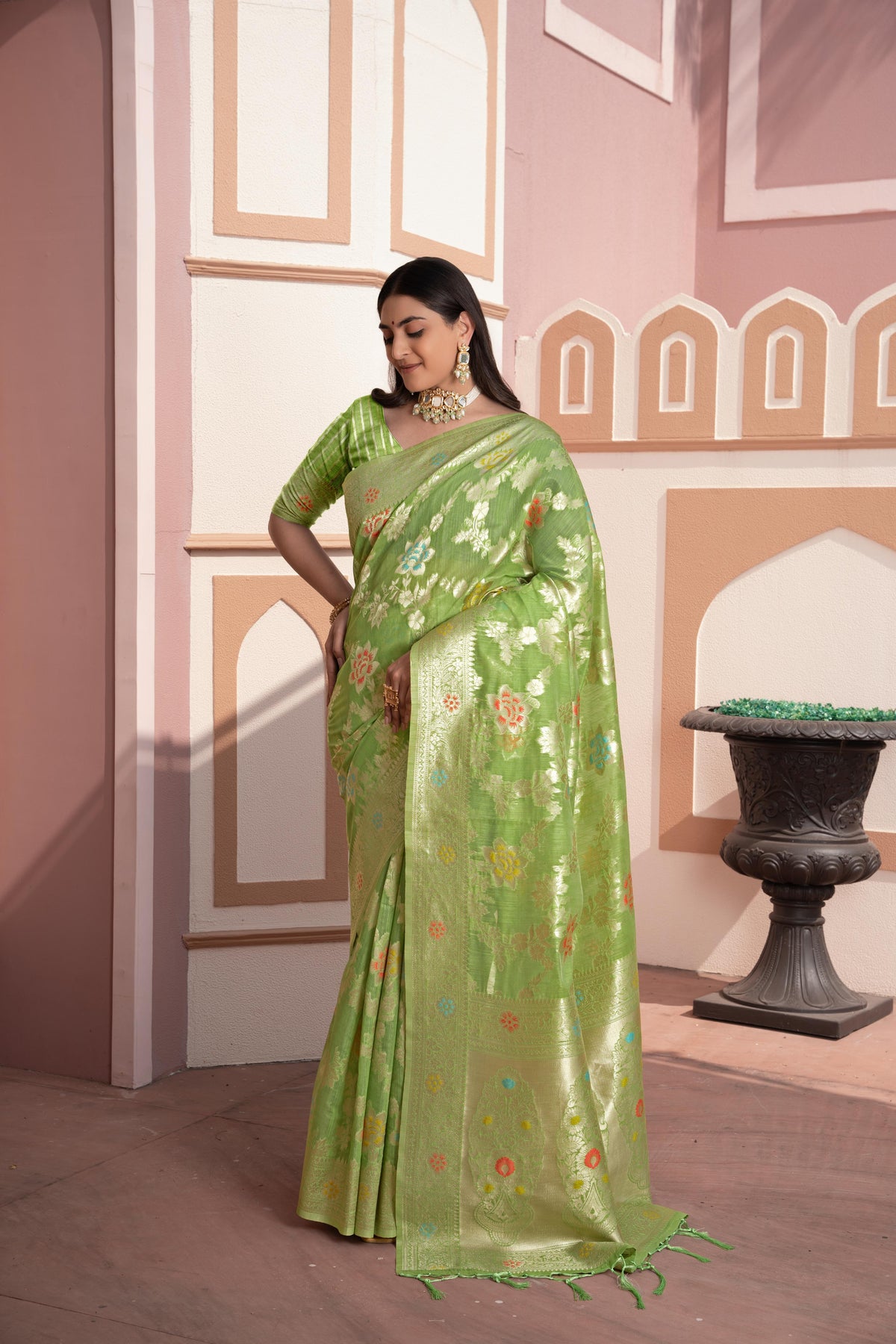 Green Banarasi Cotton Silk Zari Woven Saree