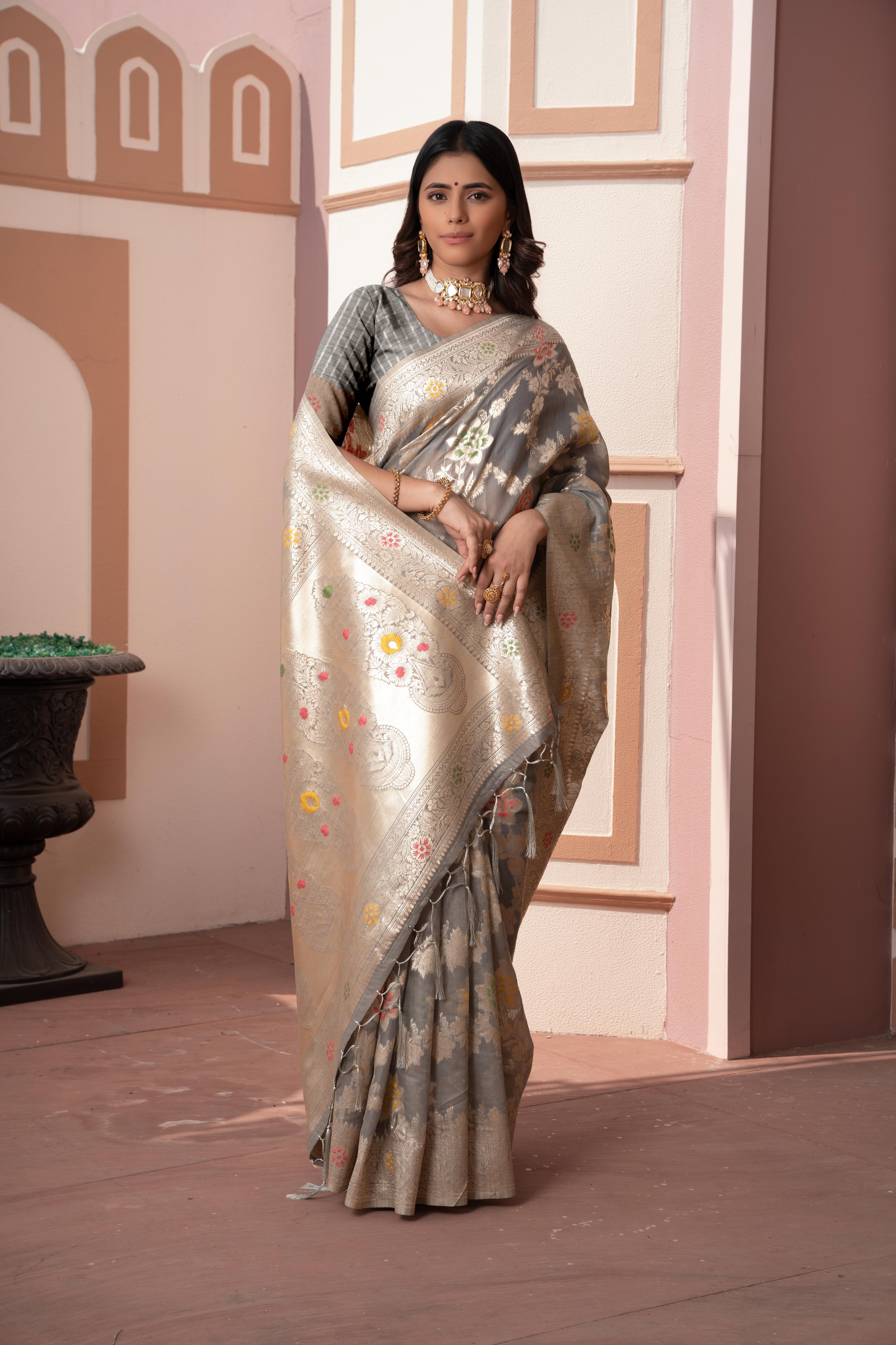 Gray Banarasi Cotton Silk Zari Woven Saree