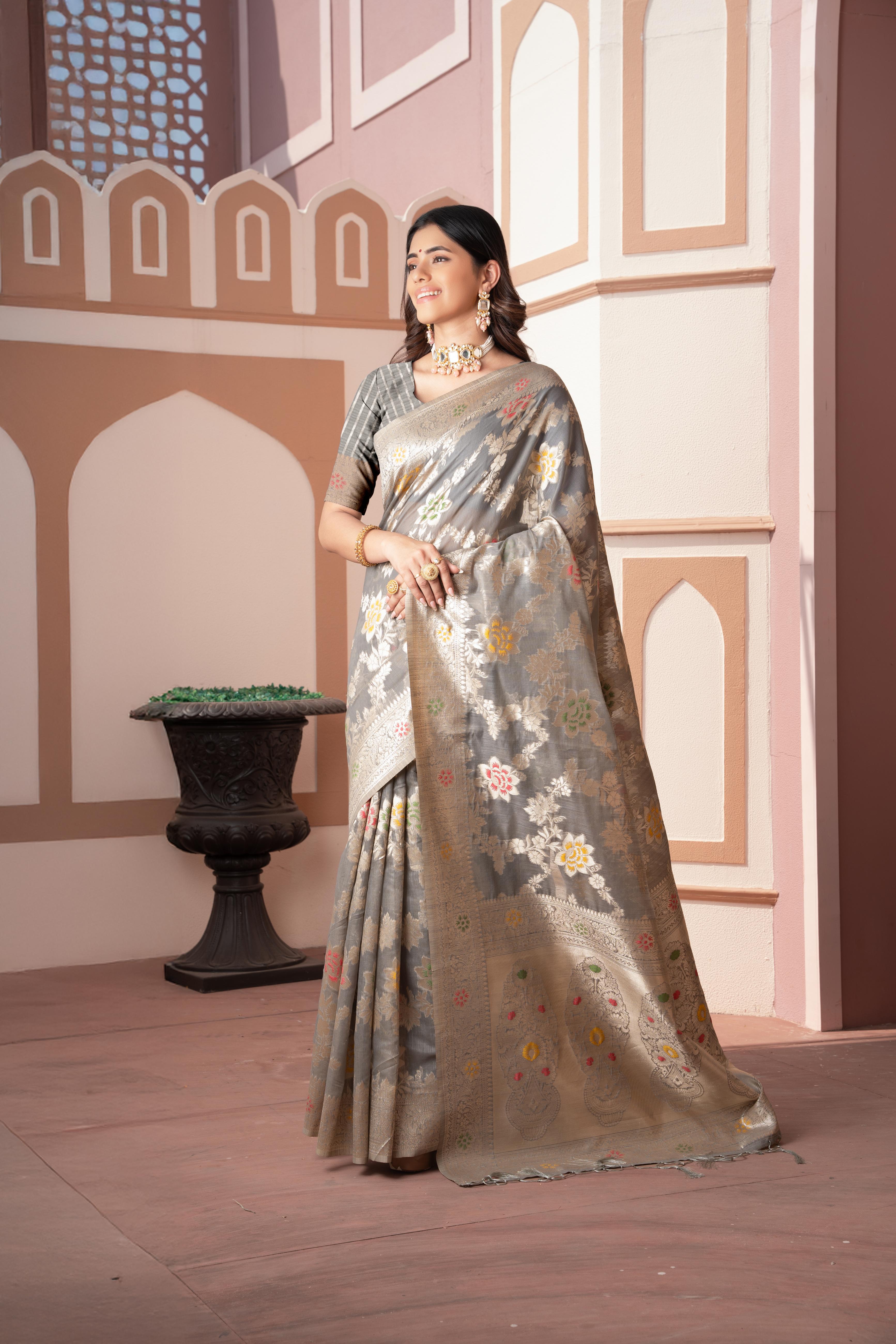 Gray Banarasi Cotton Silk Zari Woven Saree