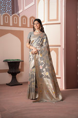 Gray Banarasi Cotton Silk Zari Woven Saree