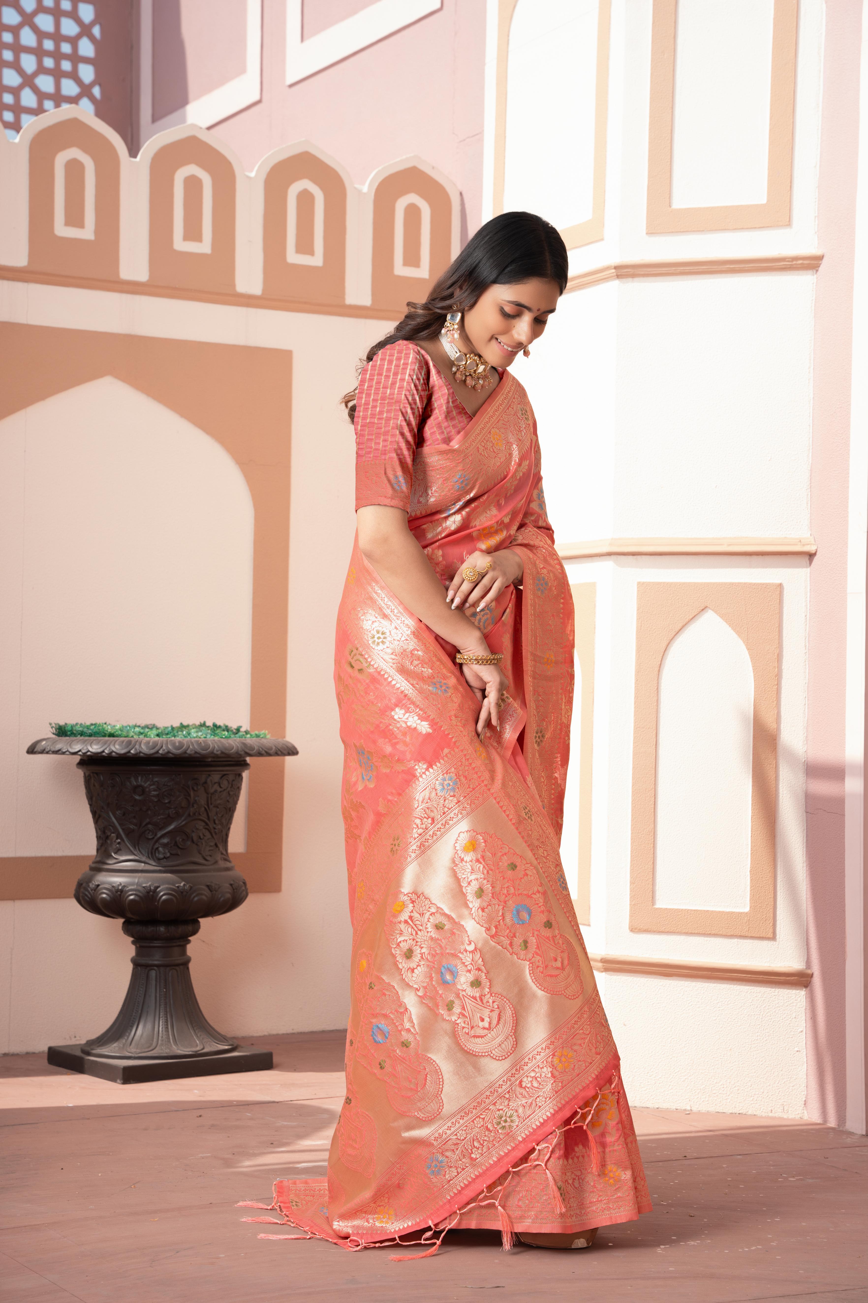 Peach Banarasi Cotton Silk Zari Woven Saree