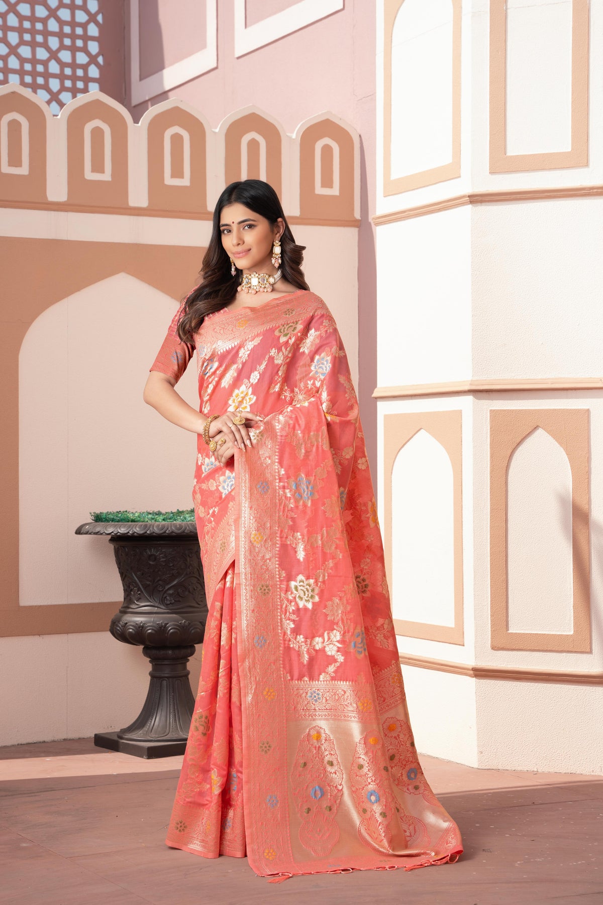 Peach Banarasi Cotton Silk Zari Woven Saree