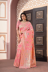 Pink Banarasi Cotton Silk Zari Woven Saree