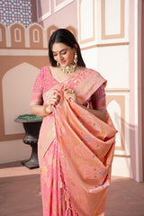 Pink Banarasi Cotton Silk Zari Woven Saree