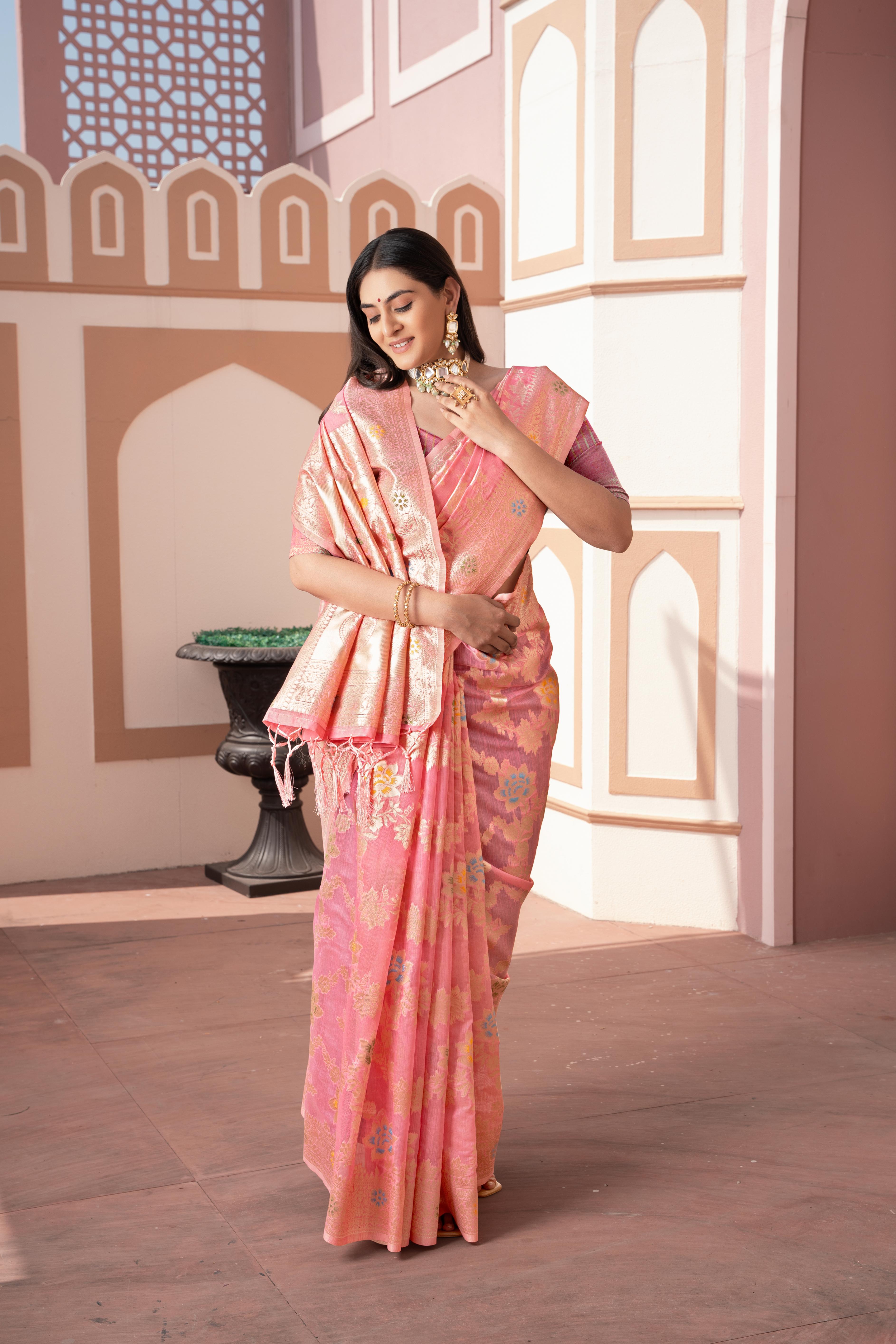 Pink Banarasi Cotton Silk Zari Woven Saree