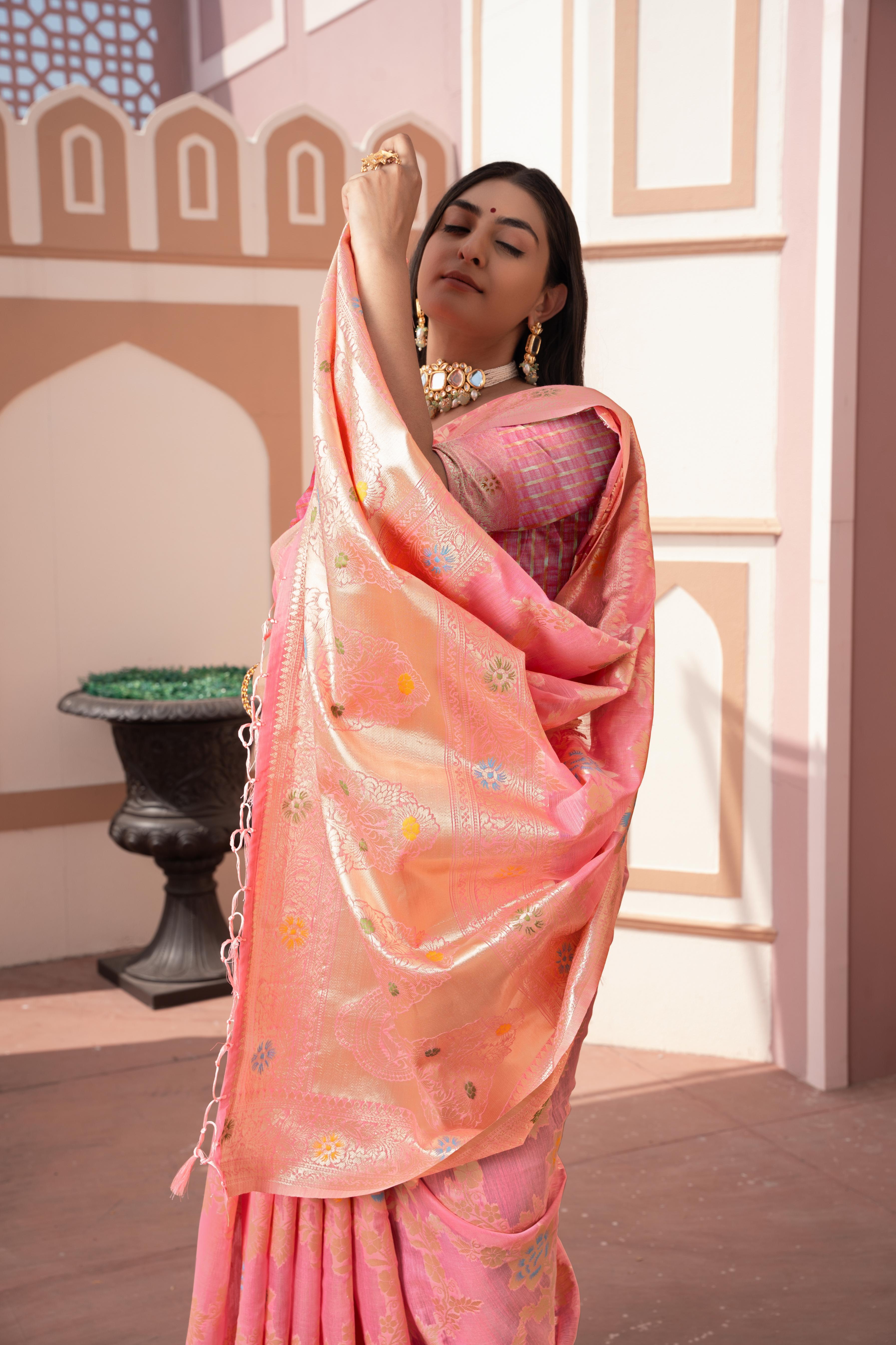 Pink Banarasi Cotton Silk Zari Woven Saree