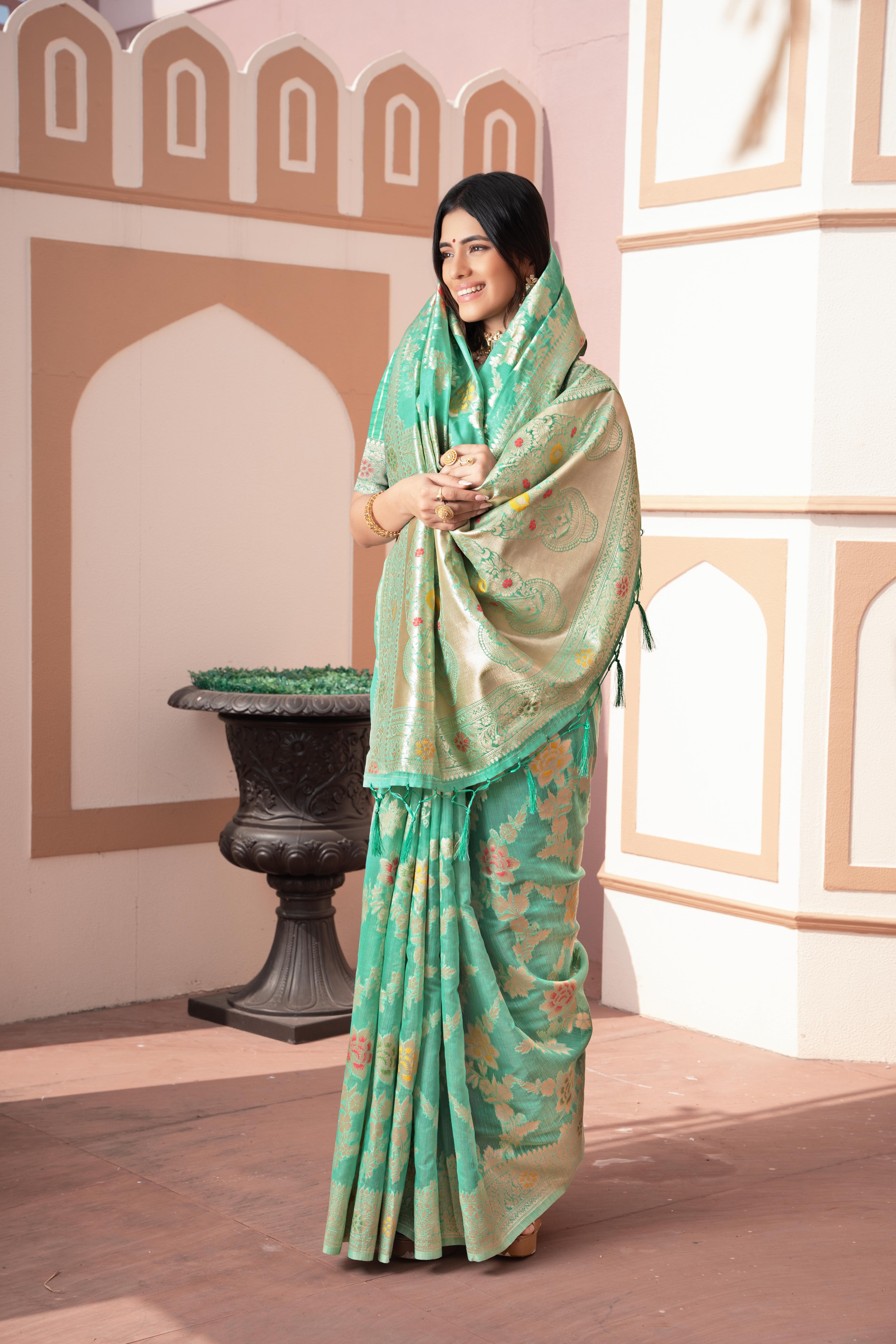 Sea Green Banarasi Cotton Silk Zari Woven Saree