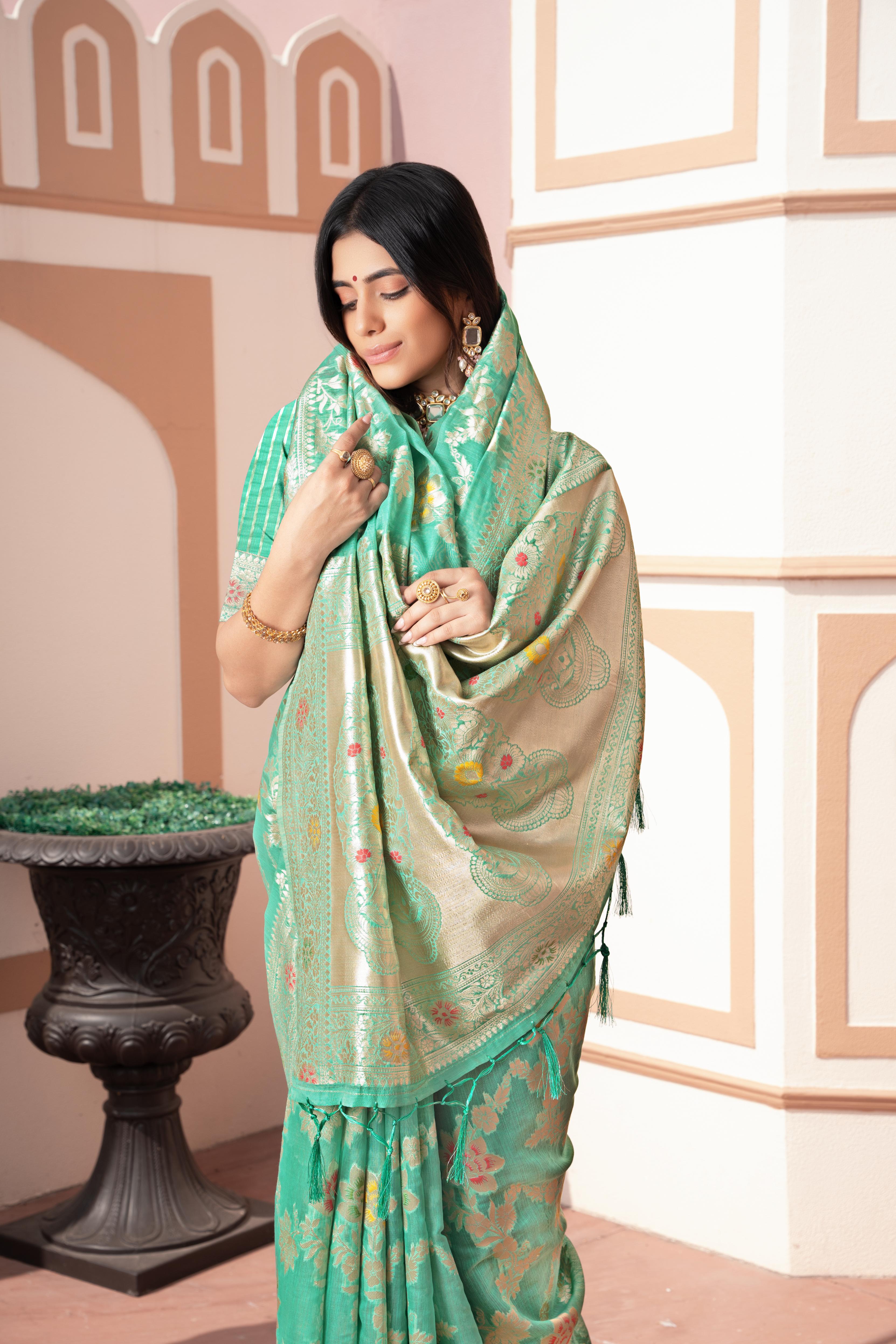 Sea Green Banarasi Cotton Silk Zari Woven Saree